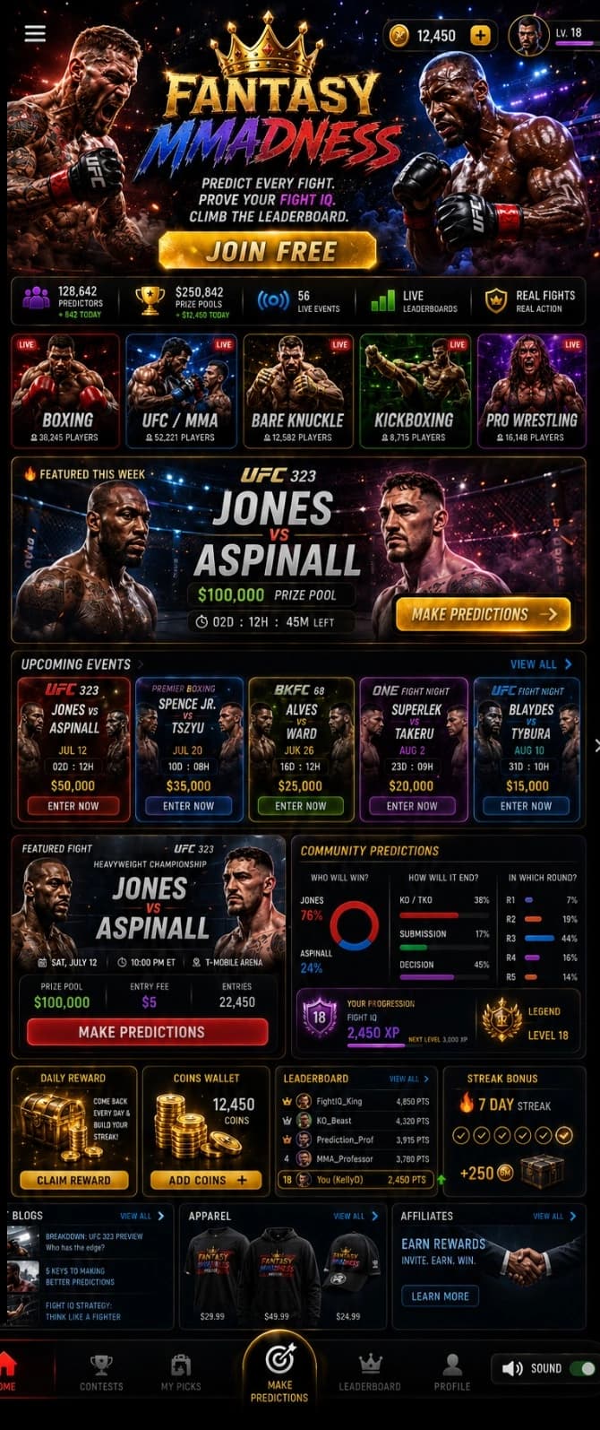 Fantasy MMAdness premium combat prediction game homepage