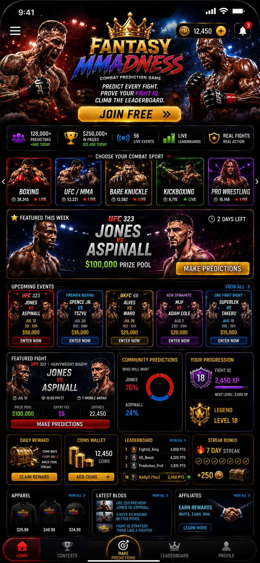 Fantasy MMAdness premium mobile combat prediction homepage